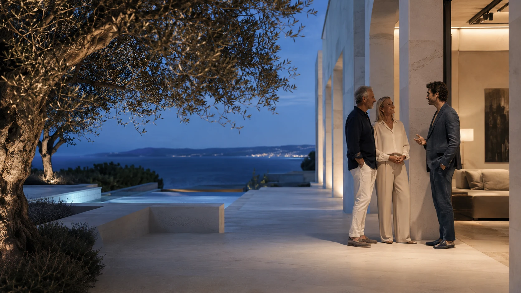 Private evening conversation at a sea-view residence