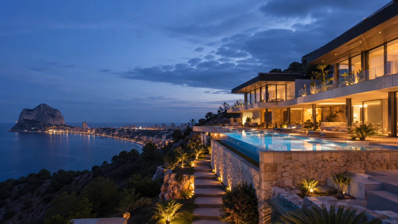 Sea-view villa at dusk